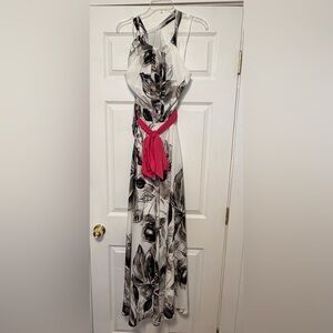 Eliza J White and Gray Floral Maxi Dress with Pink Sash
